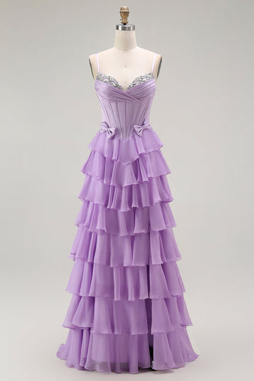 Purple A-Line Beaded Corset Tiered Ruffle Long Prom Dress with Lace Up Back